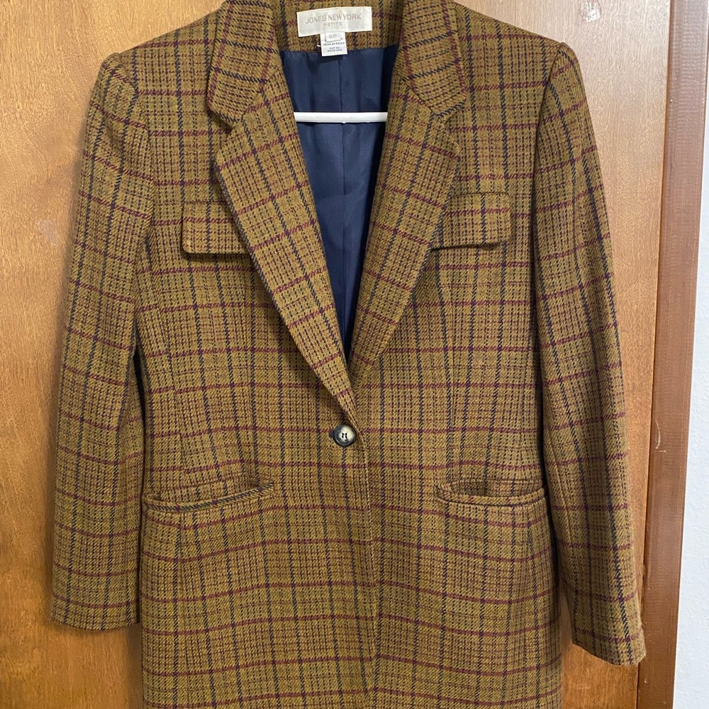 Jones New York Brown, Navy and Burgundy Plaid Blazer